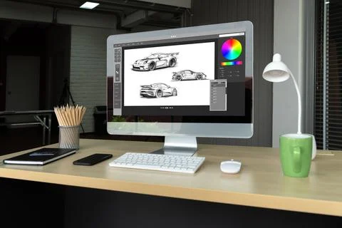Electric car design software on computer screen show simulation blueprint snugly Foto stock