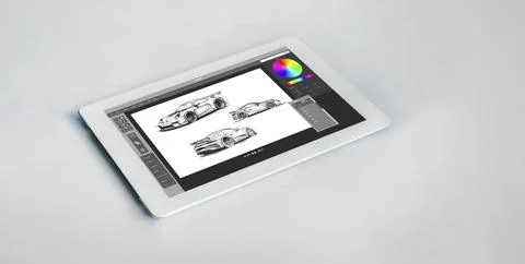 Electric car design software on computer screen show simulation blueprint snugly Stock Photos