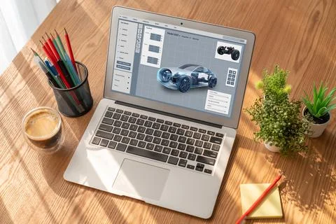Electric car design software on computer screen show simulation blueprint snugly Stock Photos