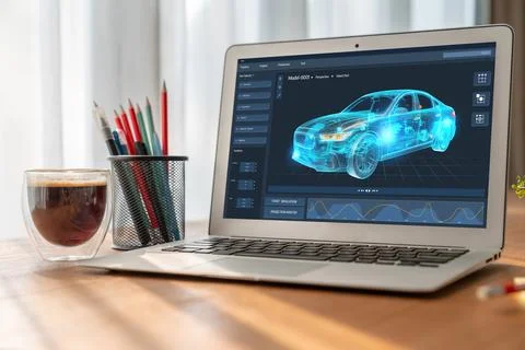 Electric car design software on computer screen show simulation blueprint snugly Stock Photos