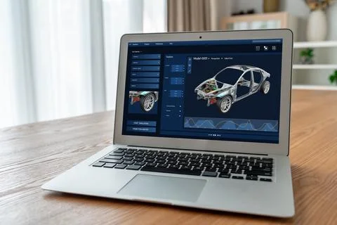 Electric car design software on computer screen show simulation blueprint snugly Stock Photos