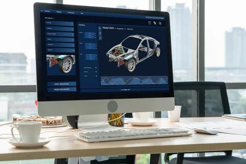 Electric car design software on computer screen show simulation blueprint snugly Foto stock