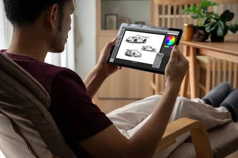 Electric car design software on computer screen show simulation blueprint snugly Stock-Fotos