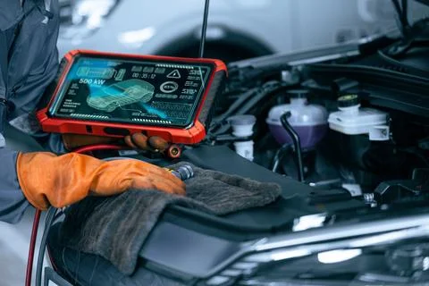 Electric Car Diagnostic Tablet Technology Inspection EV Mechanic Checking E.. Stock Photos