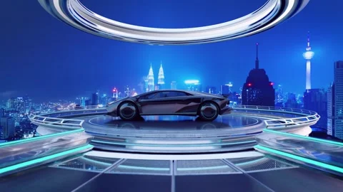 Electric car on elevated platform with futuristic cityscape at night Stock Footage 278198729