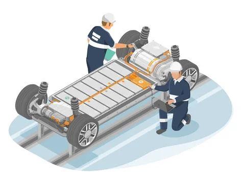 Electric car engineer production ev car assembly industry plant manufacturing Illustrazione stock