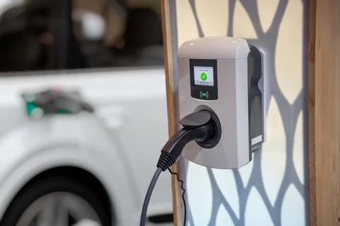 Electric car (EV) is charging in socket with cable. 스톡 사진