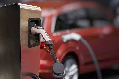 Electric car (EV) is charging in socket with cable. Stock-Fotos