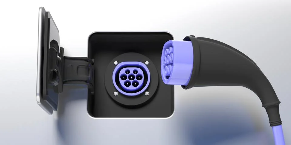 Electric car ev type 2 charger connector and socket inlet on silver backgroun Stock Illustration