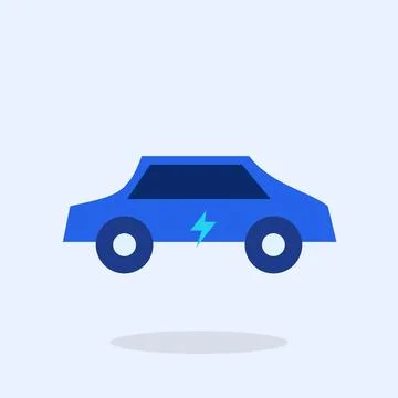 Electric car flat vector illustration with lightning bolt symbol on light blue Stock Illustration
