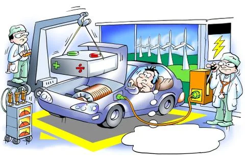 Electric car gets shift a large heavy battery Stock Illustration