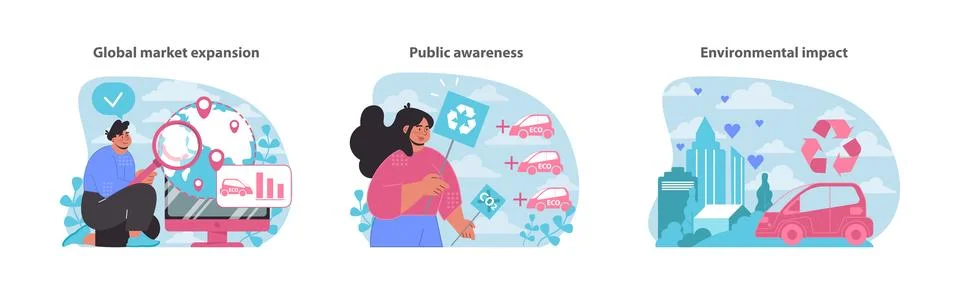 Electric car impact set. Exploring market growth, raising public awareness. Stock Illustration