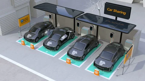 Electric car leaving car sharing parking lot Stock Footage