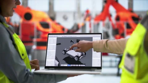 Electric Car Manufacturing: Young Technicians Using 3D CAD Software Stock Footage 328715319