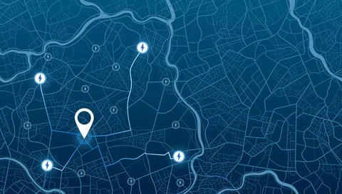 Electric car navigation interface with charging point locations. Vector Stock Illustration