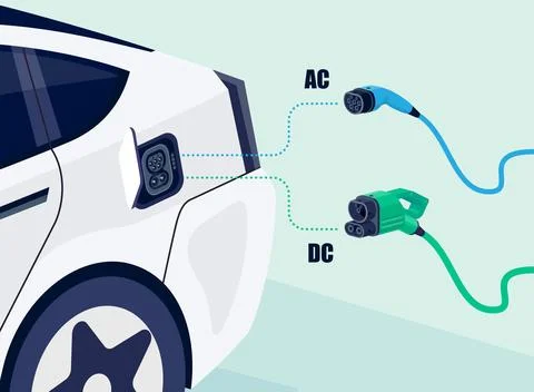 Electric car with opened charger socket connector with ac of dc charging. Stock Illustration