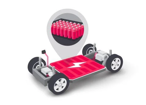 Electric car platform board scheme with battery pack cells inside underbody c Stock Illustration
