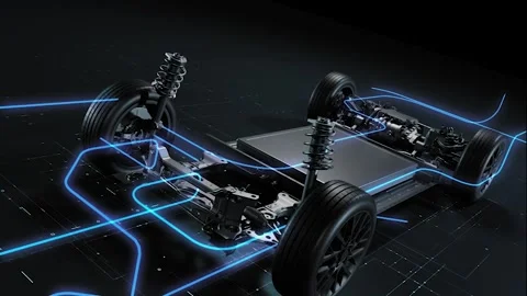 Electric car platform with glowing red battery. 스톡 동영상 329289817