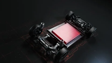 Electric car platform with glowing red battery. Video stock 329289832