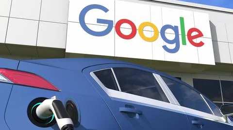Electric car plug and GOOGLE logo. Editorial conceptual 3d 3d rendering Ilustración de archivo
