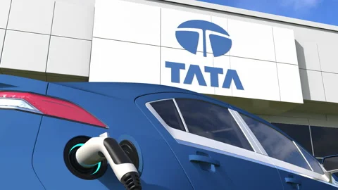 Electric car plug and TATA logo. Editorial conceptual 3d animation Stock Footage 158793962