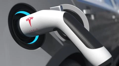 Electric car plug with TESLA logo on it. Editorial conceptual 3d rendering Stock Illustration