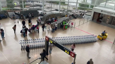 Electric car pulls carts to Exit for International Arrivals in Seattle Airport Stock Footage 255194517