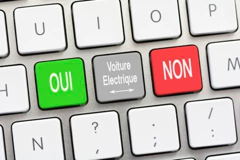 Electric car question and answer Yes and No in French Stock Photos