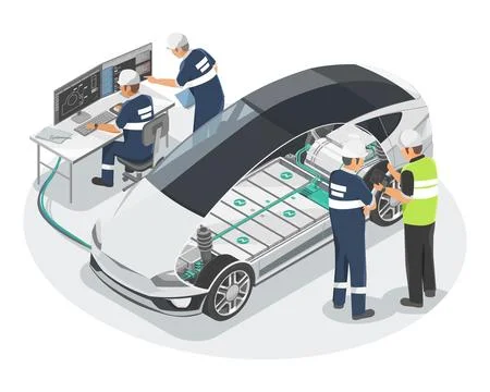 Electric Car Research and Development Manufacturing Engineer team production Illustrazione stock