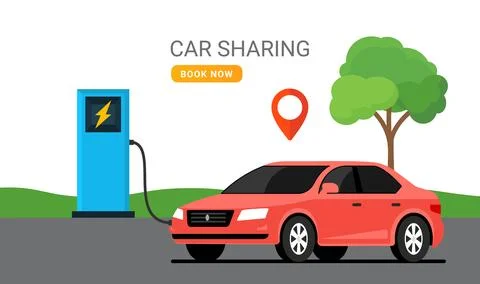 Electric car sharing concept. Red car at charging station with location pin and Stock Illustration