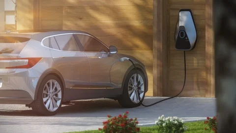Electric car SUV charging in front of garage with a wall charger 3d rendering Stock Footage