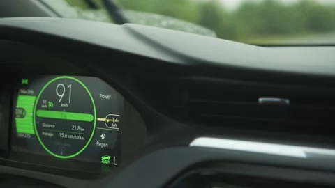 Electric car vehicle dashboard view during driving at 90 kilometres per hour Stock Footage 144535293
