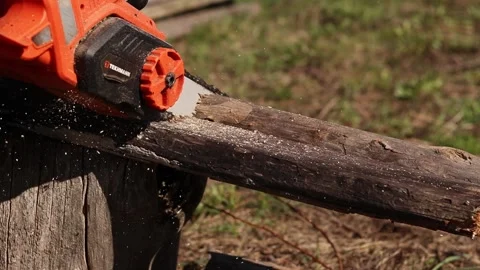 Electric chainsaw in operation. Tekhmann brand tool with Oregon bar Stock Footage 332853537