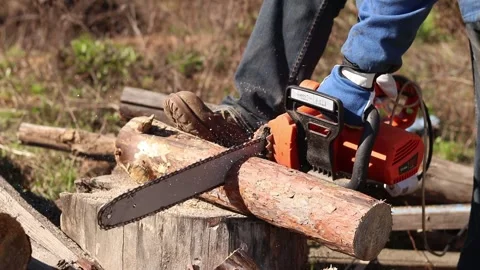 Electric chainsaw in operation. Tekhmann brand tool with Oregon bar Stock Footage 332853598