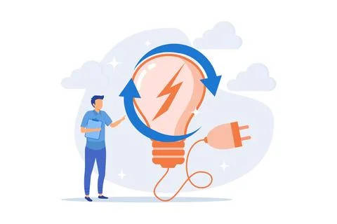 Electric charge, electricity generation, light production. Female PC user w.. Stock Illustration
