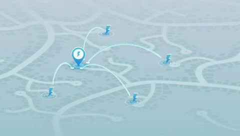 Electric Charging Station Network Map with Lightning Bolt Location Pins. Vector Stock Illustration
