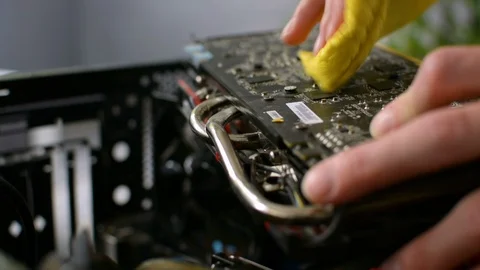 Electric circut board GPU videocard wet cleaning from dust by professional cloth 스톡 동영상 91223702