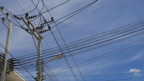 Electric city cable on lighting pole Stock Footage 69907588