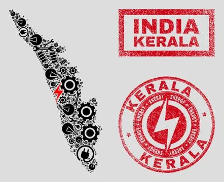 Electric Collage Kerala State Map and Snowflakes and Grunge Stamps Stock Illustration
