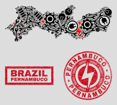 Electric Collage Pernambuco State Map and Snowflakes and Grunge Seals 스톡 일러스트