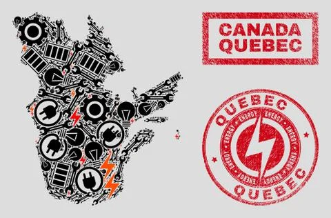 Electric Collage Quebec Province Map and Snowflakes and Scratched Stamp Seals Stock Illustration