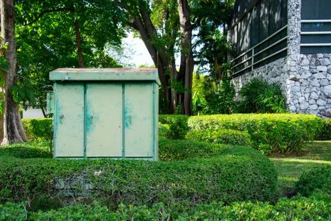 Electric control box in the garden Stock-Fotos