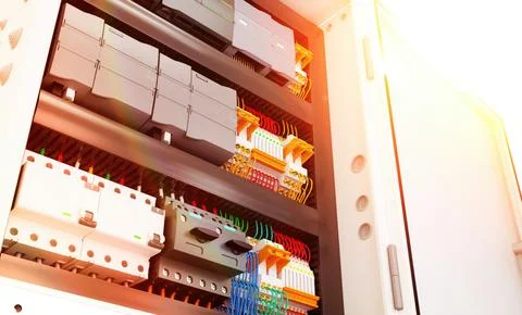 Electric Control box. Voltage distributor with circuit breakers. Electric Stock Illustration