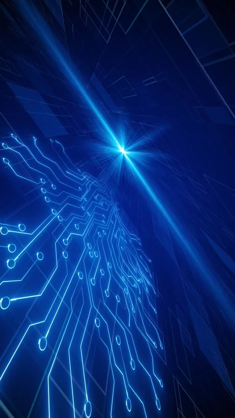 Electric cyan traces move through an angled electronic surface toward a radiant Stock Footage 341010217