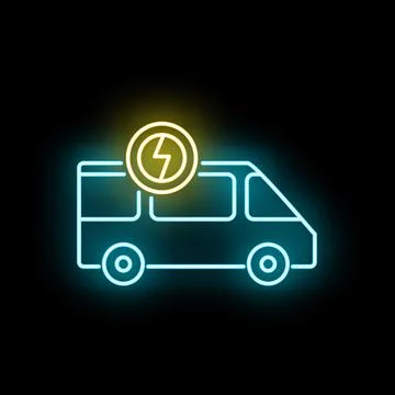Electric delivery van with lightning bolt neon charging icon Stock Illustration