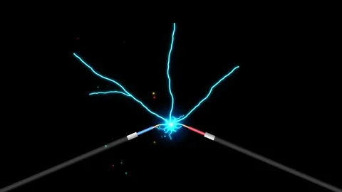Electric discharge from two probes generating blue sparks over black backgr.. Stockbeeldmateriaal 344021790