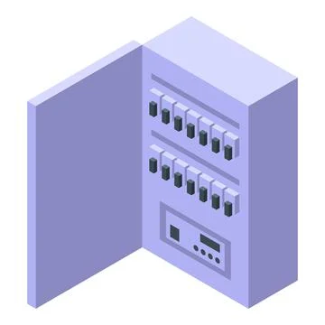 Electric distribution board with circuit breakers and switches showing, con.. Ilustración de archivo