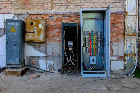 Electric distributor of the destroyed building of the shop of the plant, whic Stock Photos