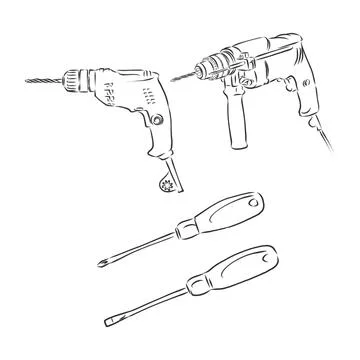 Electric drill drawing isolated on white background. drill vector sketch illu Stock Illustration
