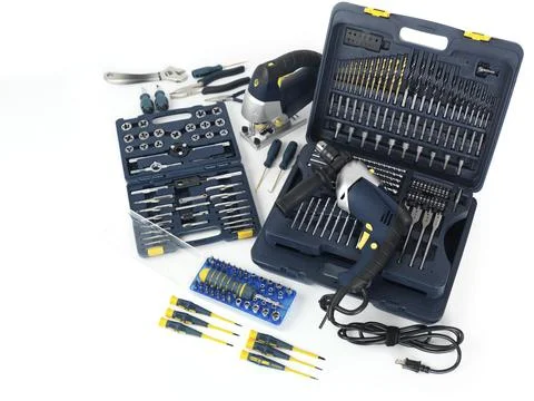 Electric drill, a jigsaw, thread cutting dies and taps, drill bits and other Stock Photos